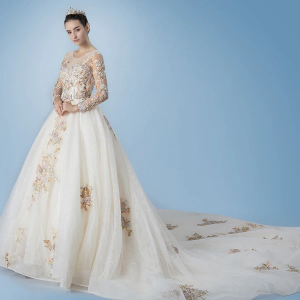 Romantic Champagne See-through Wedding Dresses 2019 A-Line / Princess Scoop Neck Long Sleeve Backless Appliques Lace Pearl Glitter Tulle Cathedral Train Ruffle