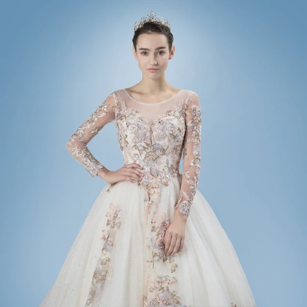 Romantic Champagne See-through Wedding Dresses 2019 A-Line / Princess Scoop Neck Long Sleeve Backless Appliques Lace Pearl Glitter Tulle Cathedral Train Ruffle