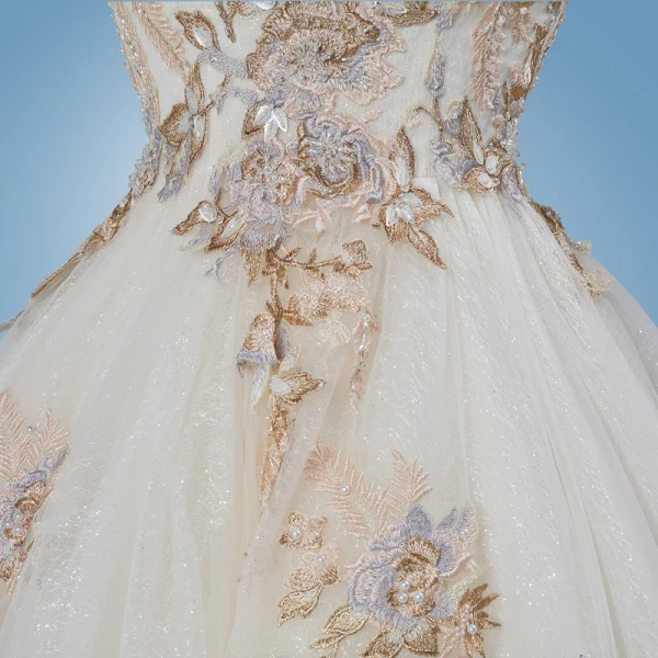 Romantic Champagne See-through Wedding Dresses 2019 A-Line / Princess Scoop Neck Long Sleeve Backless Appliques Lace Pearl Glitter Tulle Cathedral Train Ruffle