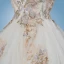 Romantic Champagne See-through Wedding Dresses 2019 A-Line / Princess Scoop Neck Long Sleeve Backless Appliques Lace Pearl Glitter Tulle Cathedral Train Ruffle