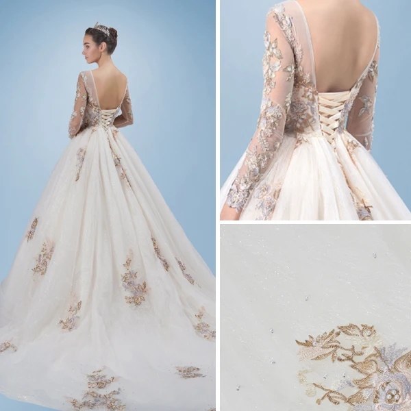 Romantic Champagne See-through Wedding Dresses 2019 A-Line / Princess Scoop Neck Long Sleeve Backless Appliques Lace Pearl Glitter Tulle Cathedral Train Ruffle