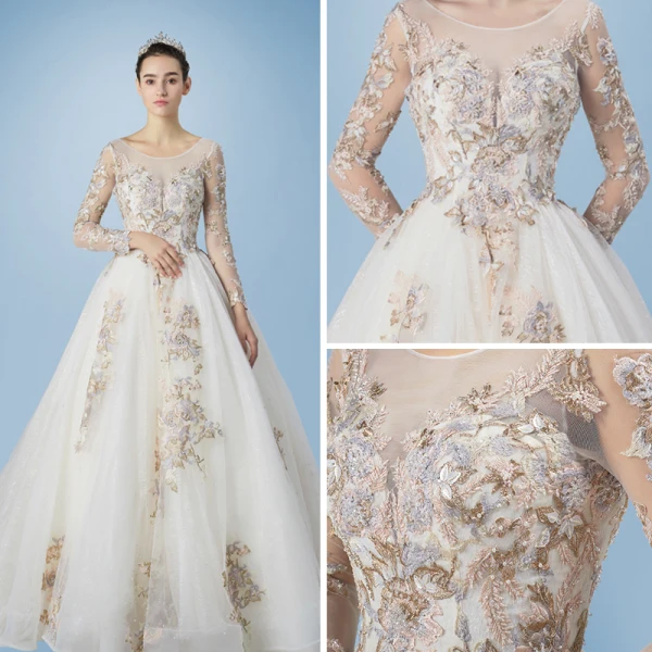Romantic Champagne See-through Wedding Dresses 2019 A-Line / Princess Scoop Neck Long Sleeve Backless Appliques Lace Pearl Glitter Tulle Cathedral Train Ruffle