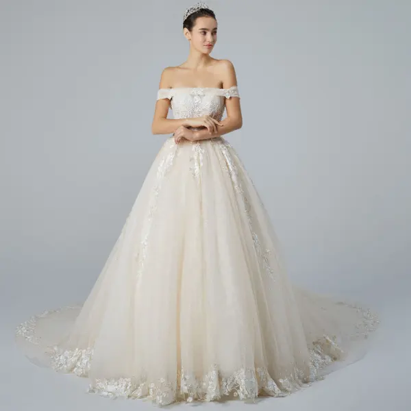 Elegant Champagne Wedding Dresses 2019 A-Line / Princess Off-The-Shoulder Short Sleeve Backless Appliques Lace Pearl Beading Glitter Tulle Cathedral Train Ruffle
