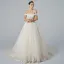 Elegant Champagne Wedding Dresses 2019 A-Line / Princess Off-The-Shoulder Short Sleeve Backless Appliques Lace Pearl Beading Glitter Tulle Cathedral Train Ruffle