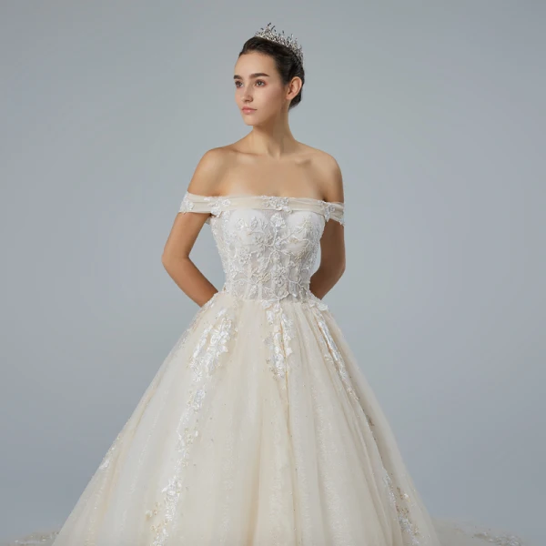Elegant Champagne Wedding Dresses 2019 A-Line / Princess Off-The-Shoulder Short Sleeve Backless Appliques Lace Pearl Beading Glitter Tulle Cathedral Train Ruffle