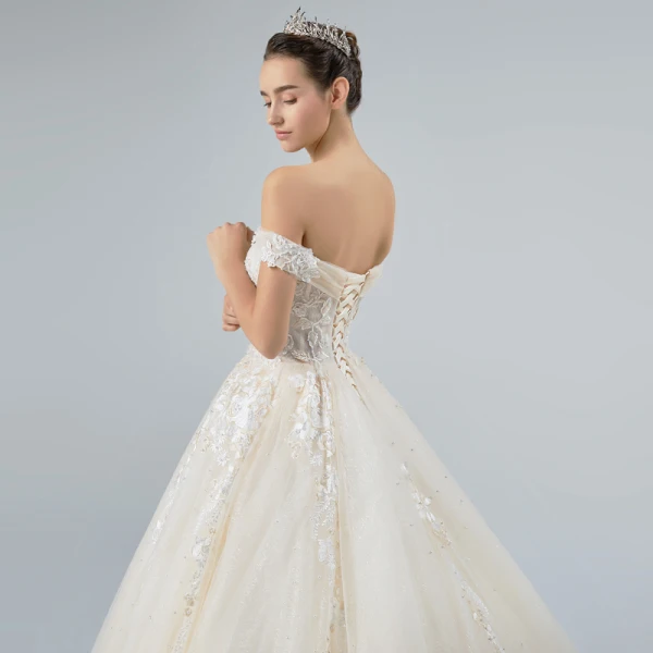 Elegant Champagne Wedding Dresses 2019 A-Line / Princess Off-The-Shoulder Short Sleeve Backless Appliques Lace Pearl Beading Glitter Tulle Cathedral Train Ruffle