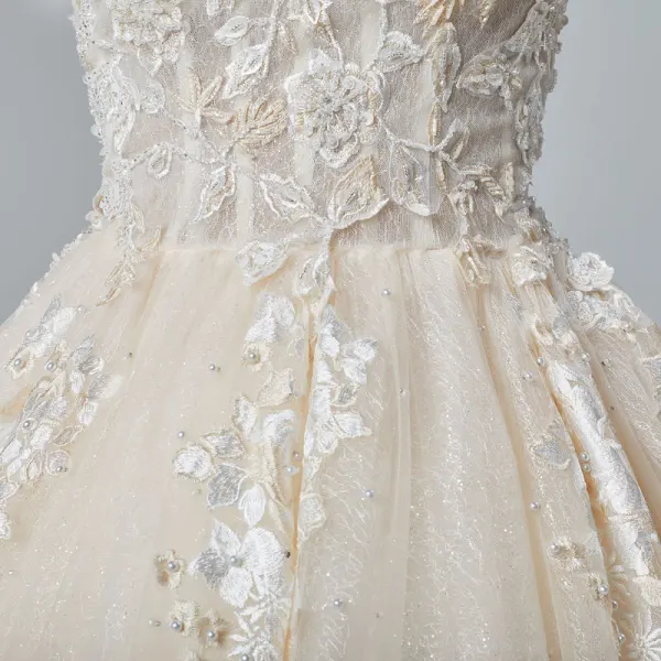 Elegant Champagne Wedding Dresses 2019 A-Line / Princess Off-The-Shoulder Short Sleeve Backless Appliques Lace Pearl Beading Glitter Tulle Cathedral Train Ruffle