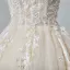 Elegant Champagne Wedding Dresses 2019 A-Line / Princess Off-The-Shoulder Short Sleeve Backless Appliques Lace Pearl Beading Glitter Tulle Cathedral Train Ruffle