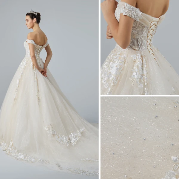 Elegant Champagne Wedding Dresses 2019 A-Line / Princess Off-The-Shoulder Short Sleeve Backless Appliques Lace Pearl Beading Glitter Tulle Cathedral Train Ruffle