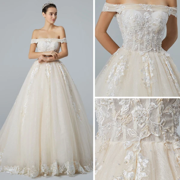 Elegant Champagne Wedding Dresses 2019 A-Line / Princess Off-The-Shoulder Short Sleeve Backless Appliques Lace Pearl Beading Glitter Tulle Cathedral Train Ruffle