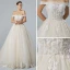 Elegant Champagne Wedding Dresses 2019 A-Line / Princess Off-The-Shoulder Short Sleeve Backless Appliques Lace Pearl Beading Glitter Tulle Cathedral Train Ruffle