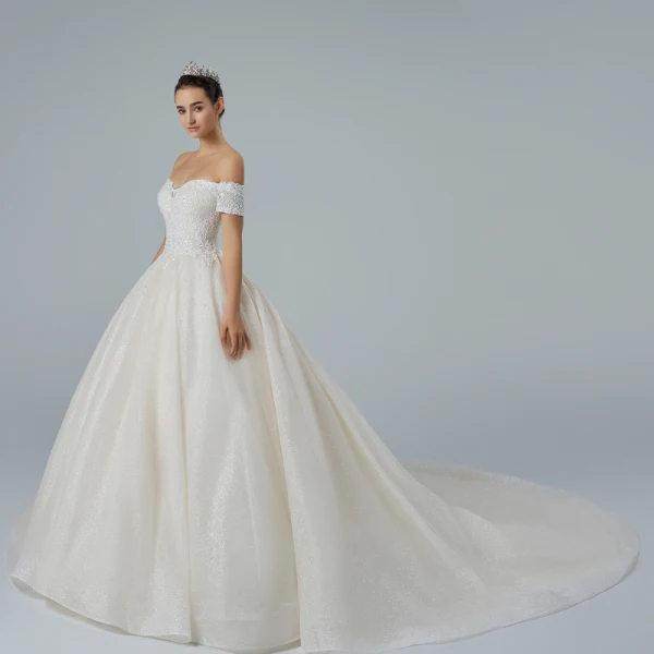 Bling Bling Champagne Wedding Dresses 2019 A-Line / Princess Off-The-Shoulder Short Sleeve Backless Appliques Lace Pearl Beading Glitter Tulle Cathedral Train Ruffle