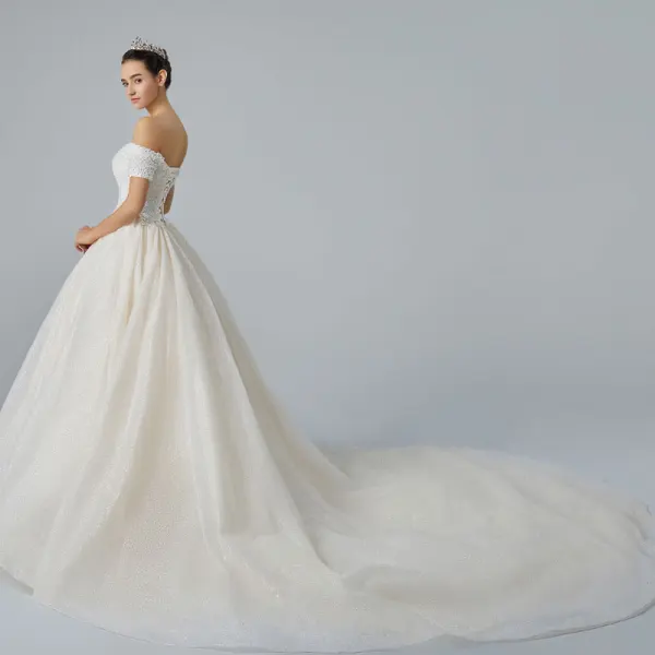 Bling Bling Champagne Wedding Dresses 2019 A-Line / Princess Off-The-Shoulder Short Sleeve Backless Appliques Lace Pearl Beading Glitter Tulle Cathedral Train Ruffle