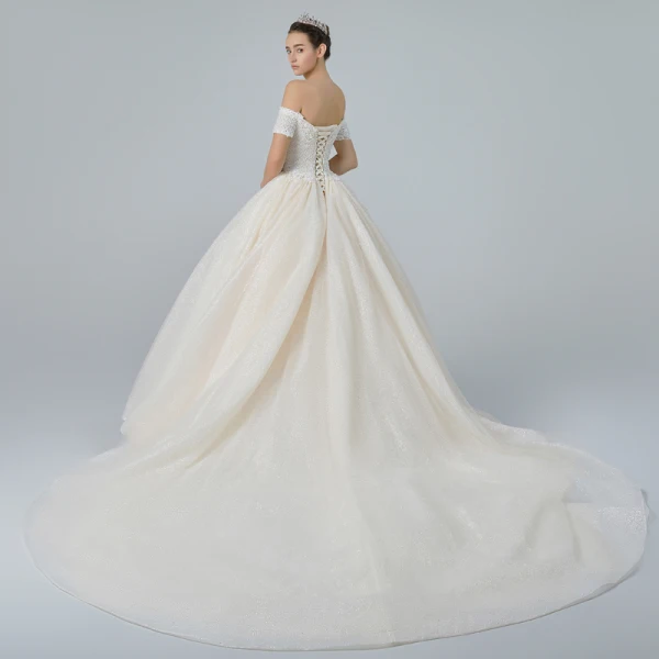 Bling Bling Champagne Wedding Dresses 2019 A-Line / Princess Off-The-Shoulder Short Sleeve Backless Appliques Lace Pearl Beading Glitter Tulle Cathedral Train Ruffle