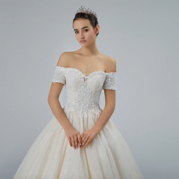 Bling Bling Champagne Wedding Dresses 2019 A-Line / Princess Off-The-Shoulder Short Sleeve Backless Appliques Lace Pearl Beading Glitter Tulle Cathedral Train Ruffle