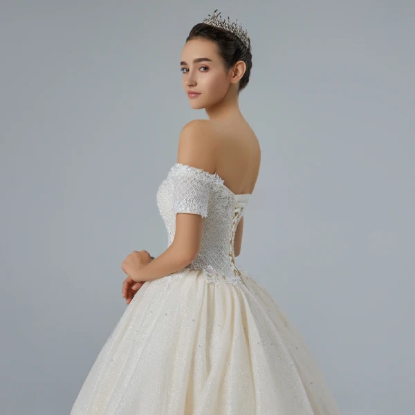 Bling Bling Champagne Wedding Dresses 2019 A-Line / Princess Off-The-Shoulder Short Sleeve Backless Appliques Lace Pearl Beading Glitter Tulle Cathedral Train Ruffle
