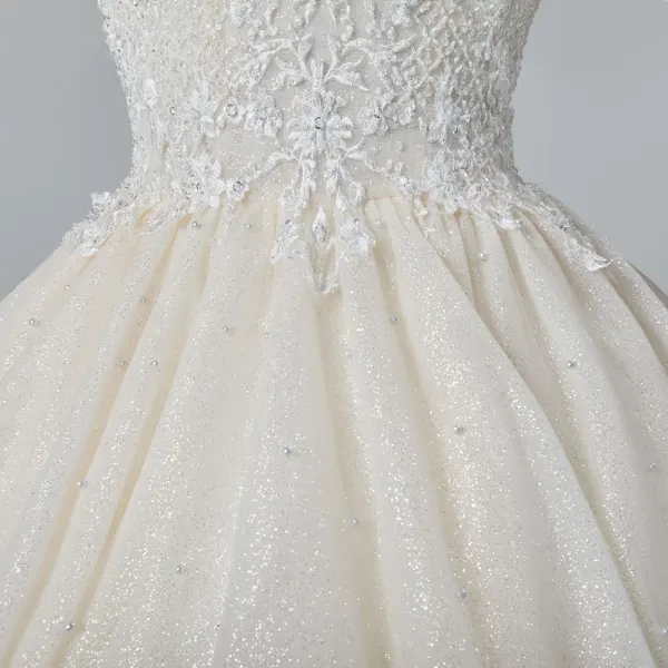 Bling Bling Champagne Wedding Dresses 2019 A-Line / Princess Off-The-Shoulder Short Sleeve Backless Appliques Lace Pearl Beading Glitter Tulle Cathedral Train Ruffle