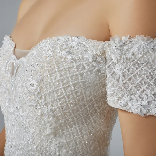 Bling Bling Champagne Wedding Dresses 2019 A-Line / Princess Off-The-Shoulder Short Sleeve Backless Appliques Lace Pearl Beading Glitter Tulle Cathedral Train Ruffle