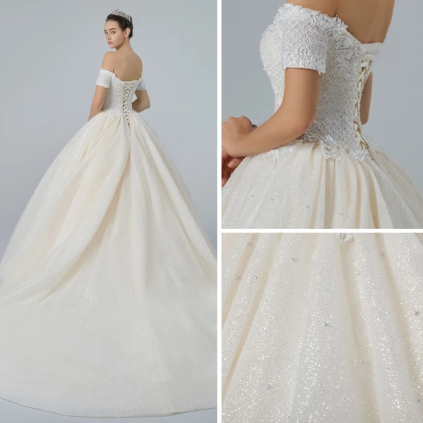 Bling Bling Champagne Wedding Dresses 2019 A-Line / Princess Off-The-Shoulder Short Sleeve Backless Appliques Lace Pearl Beading Glitter Tulle Cathedral Train Ruffle