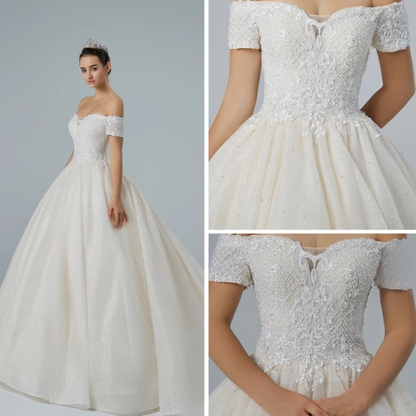 Bling Bling Champagne Wedding Dresses 2019 A-Line / Princess Off-The-Shoulder Short Sleeve Backless Appliques Lace Pearl Beading Glitter Tulle Cathedral Train Ruffle
