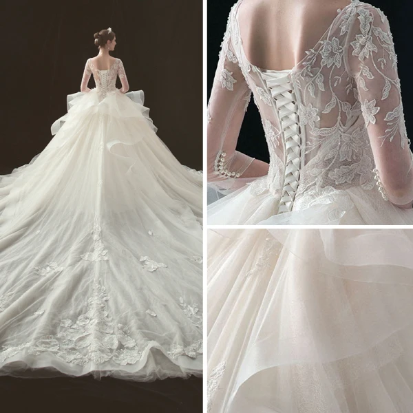Illusion Champagne Pierced Wedding Dresses 2019 Ball Gown Scoop Neck 3/4 Sleeve Backless Appliques Lace Beading Cathedral Train Cascading Ruffles