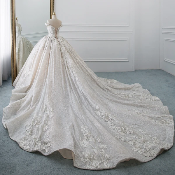 Luxury / Gorgeous Champagne Wedding Dresses 2019 Ball Gown Off-The-Shoulder V-Neck Short Sleeve Backless Appliques Lace Pearl Beading Glitter Polyester Cathedral Train Ruffle