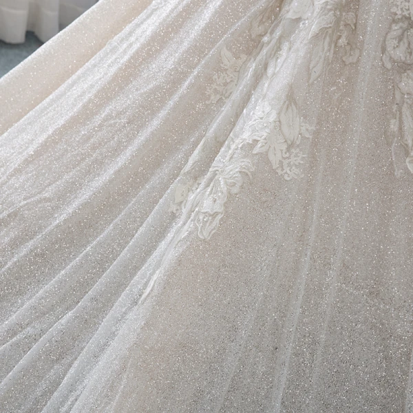 Luxury / Gorgeous Champagne Wedding Dresses 2019 Ball Gown Off-The-Shoulder V-Neck Short Sleeve Backless Appliques Lace Pearl Beading Glitter Polyester Cathedral Train Ruffle