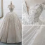 Luxury / Gorgeous Champagne Wedding Dresses 2019 Ball Gown Off-The-Shoulder V-Neck Short Sleeve Backless Appliques Lace Pearl Beading Glitter Polyester Cathedral Train Ruffle