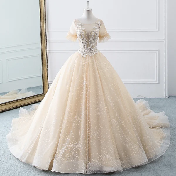 Luxury / Gorgeous Champagne See-through Wedding Dresses 2019 A-Line / Princess Scoop Neck Short Sleeve Backless Appliques Lace Crystal Beading Glitter Tulle Cathedral Train Ruffle