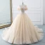 Luxury / Gorgeous Champagne See-through Wedding Dresses 2019 A-Line / Princess Scoop Neck Short Sleeve Backless Appliques Lace Crystal Beading Glitter Tulle Cathedral Train Ruffle