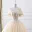 Luxury / Gorgeous Champagne See-through Wedding Dresses 2019 A-Line / Princess Scoop Neck Short Sleeve Backless Appliques Lace Crystal Beading Glitter Tulle Cathedral Train Ruffle