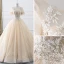 Luxury / Gorgeous Champagne See-through Wedding Dresses 2019 A-Line / Princess Scoop Neck Short Sleeve Backless Appliques Lace Crystal Beading Glitter Tulle Cathedral Train Ruffle