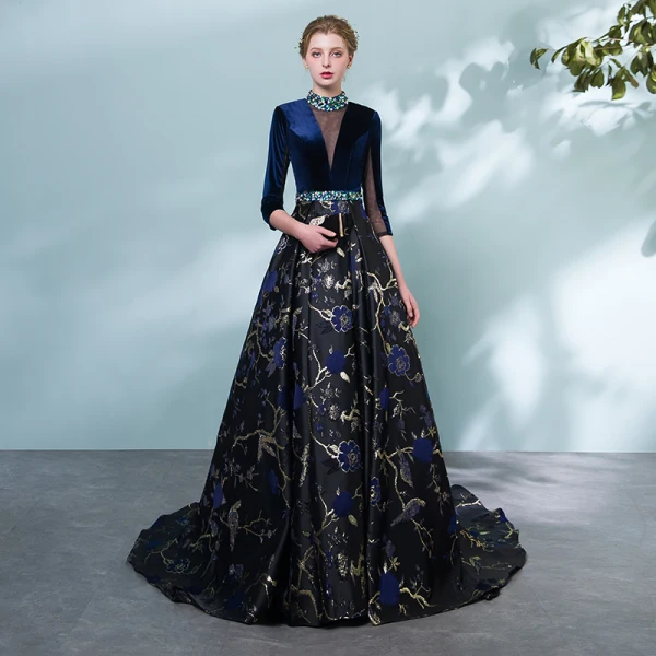 Chic / Beautiful Royal Blue Pierced Evening Dresses 2018 A-Line / Princess High Neck 3/4 Sleeve Printing Flower Crystal Sash Chapel Train Formal Dresses