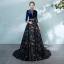 Chic / Beautiful Royal Blue Pierced Evening Dresses  2018 A-Line / Princess High Neck 3/4 Sleeve Printing Flower Crystal Sash Chapel Train Formal Dresses