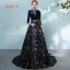 Chic / Beautiful Royal Blue Pierced Evening Dresses  2018 A-Line / Princess High Neck 3/4 Sleeve Printing Flower Crystal Sash Chapel Train Formal Dresses