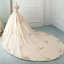 Luxury / Gorgeous Champagne Wedding Dresses 2019 A-Line / Princess Off-The-Shoulder Puffy Flower Short Sleeve Backless Beading Pearl Rhinestone Cathedral Train Ruffle