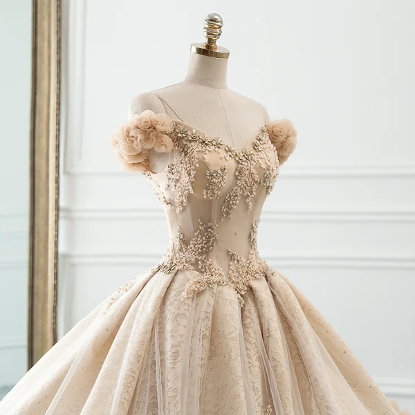 Luxury / Gorgeous Champagne Wedding Dresses 2019 A-Line / Princess Off-The-Shoulder Puffy Flower Short Sleeve Backless Beading Pearl Rhinestone Cathedral Train Ruffle