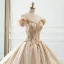 Luxury / Gorgeous Champagne Wedding Dresses 2019 A-Line / Princess Off-The-Shoulder Puffy Flower Short Sleeve Backless Beading Pearl Rhinestone Cathedral Train Ruffle