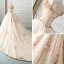 Luxury / Gorgeous Champagne Wedding Dresses 2019 A-Line / Princess Off-The-Shoulder Puffy Flower Short Sleeve Backless Beading Pearl Rhinestone Cathedral Train Ruffle