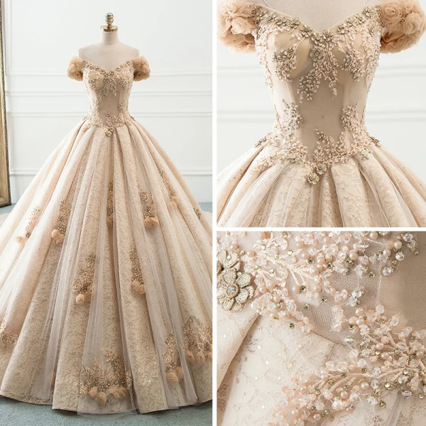 Luxury / Gorgeous Champagne Wedding Dresses 2019 A-Line / Princess Off-The-Shoulder Puffy Flower Short Sleeve Backless Beading Pearl Rhinestone Cathedral Train Ruffle