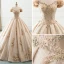 Luxury / Gorgeous Champagne Wedding Dresses 2019 A-Line / Princess Off-The-Shoulder Puffy Flower Short Sleeve Backless Beading Pearl Rhinestone Cathedral Train Ruffle