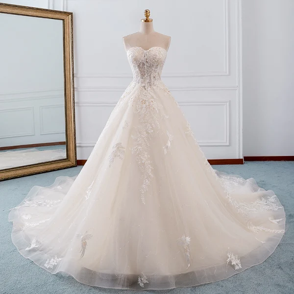 Elegant Champagne Brudekjoler 2019 Prinsesse Kjæreste Avtakbar 3/4 Ermer Ryggløse Appliques Blonder Beading Glitter Tyll Cathedral Train Buste