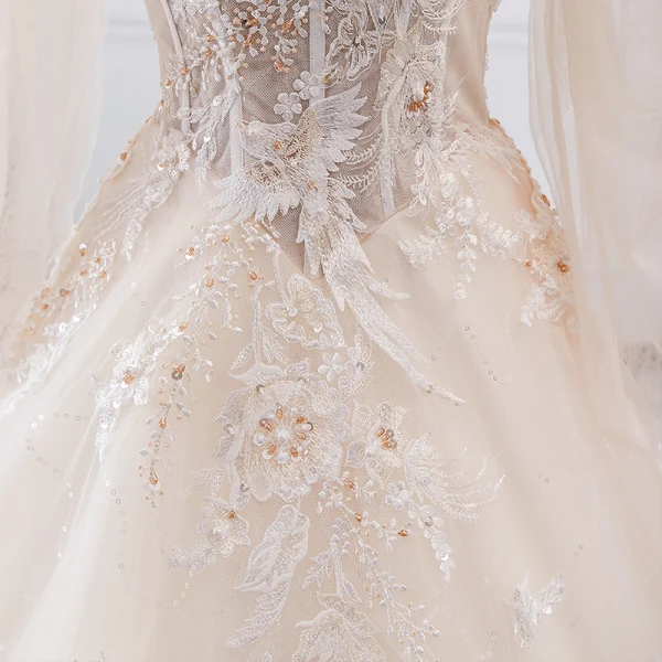 Elegant Champagne Brudekjoler 2019 Prinsesse Kjæreste Avtakbar 3/4 Ermer Ryggløse Appliques Blonder Beading Glitter Tyll Cathedral Train Buste