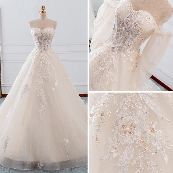 Elegant Champagne Brudekjoler 2019 Prinsesse Kjæreste Avtakbar 3/4 Ermer Ryggløse Appliques Blonder Beading Glitter Tyll Cathedral Train Buste