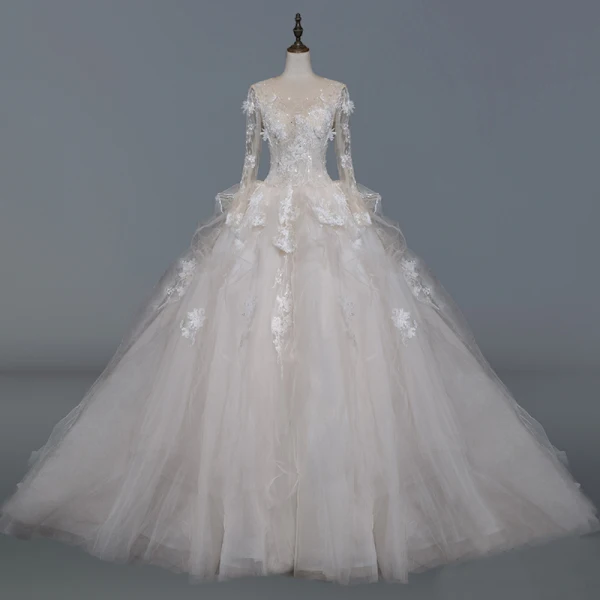 Romantic Champagne See-through Glitter Wedding Dresses 2019 Ball Gown Scoop Neck Long Sleeve Appliques Lace Beading Pearl Rhinestone Court Train Ruffle