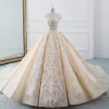 Luxury / Gorgeous Champagne See-through Wedding Dresses 2019 Ball Gown High Neck Sleeveless Backless Appliques Lace Beading Cathedral Train Ruffle