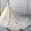 Luxury / Gorgeous Champagne See-through Wedding Dresses 2019 Ball Gown High Neck Sleeveless Backless Appliques Lace Beading Cathedral Train Ruffle