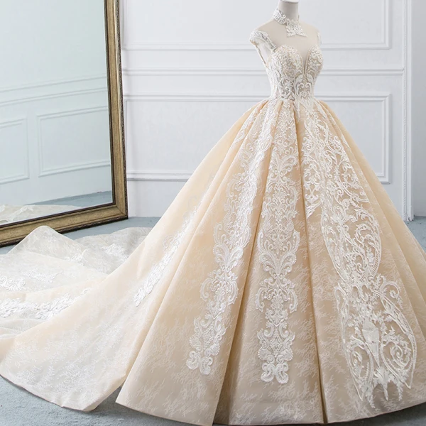 Luxury / Gorgeous Champagne See-through Wedding Dresses 2019 Ball Gown High Neck Sleeveless Backless Appliques Lace Beading Cathedral Train Ruffle