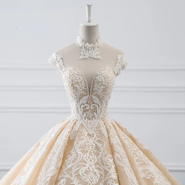 Luxury / Gorgeous Champagne See-through Wedding Dresses 2019 Ball Gown High Neck Sleeveless Backless Appliques Lace Beading Cathedral Train Ruffle