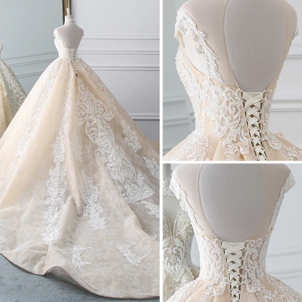 Luxury / Gorgeous Champagne See-through Wedding Dresses 2019 Ball Gown High Neck Sleeveless Backless Appliques Lace Beading Cathedral Train Ruffle